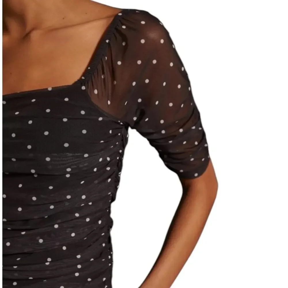 Anthropologie Black Polka Dot Mesh Ruched Puff Sleeve Coquette Top XS